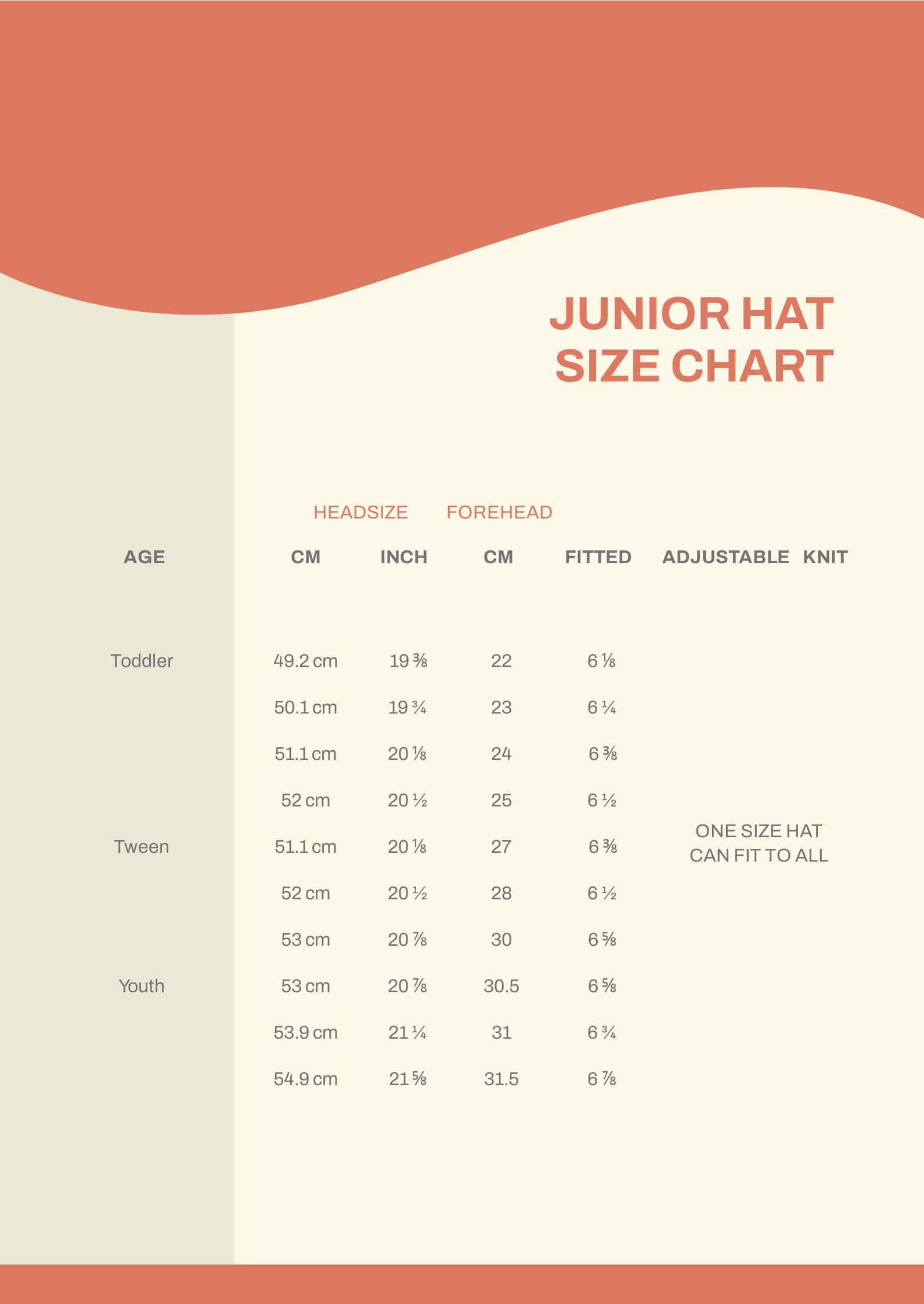 Free Junior Hat Size Chart in PDF