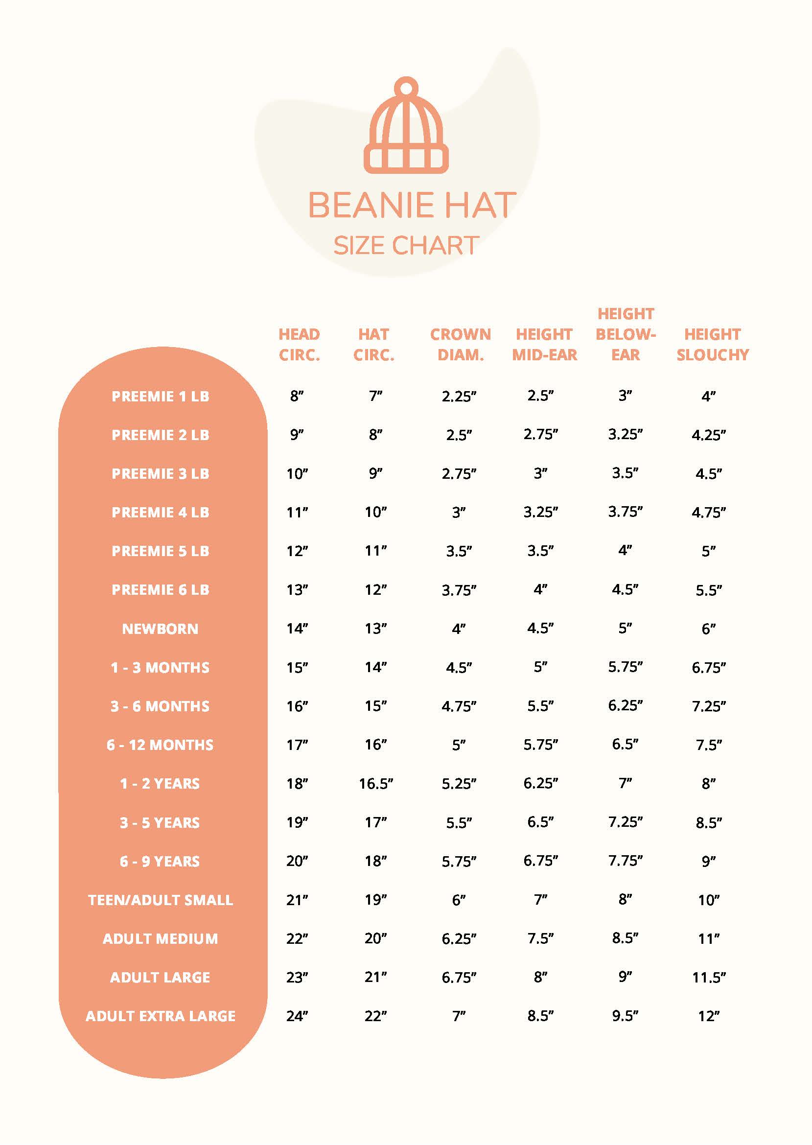 Beanie Hat Size Chart in PDF