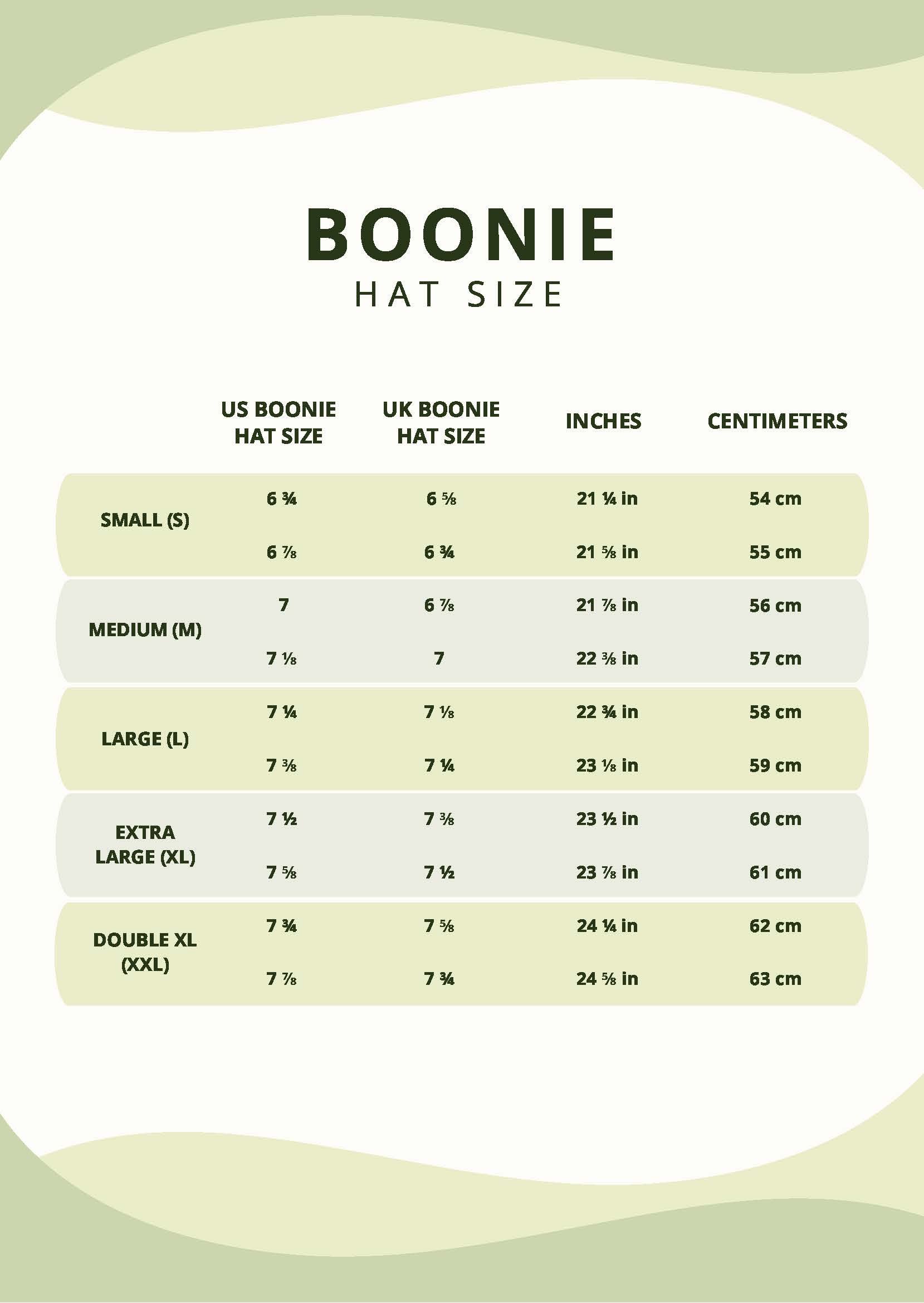 Boonie Hat Size Chart