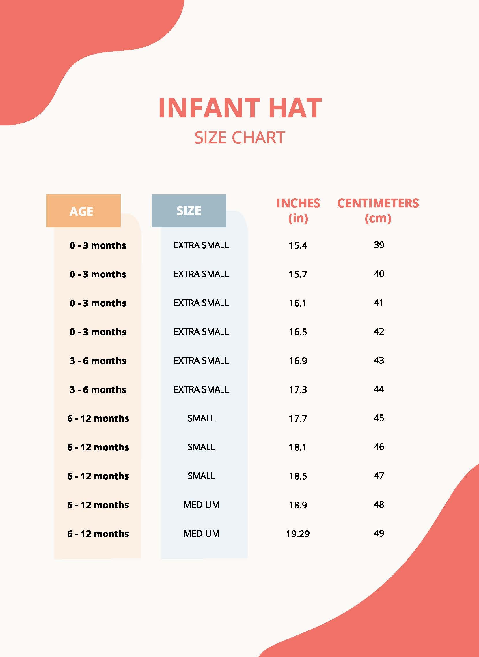 Infant Hat Size Chart in PDF