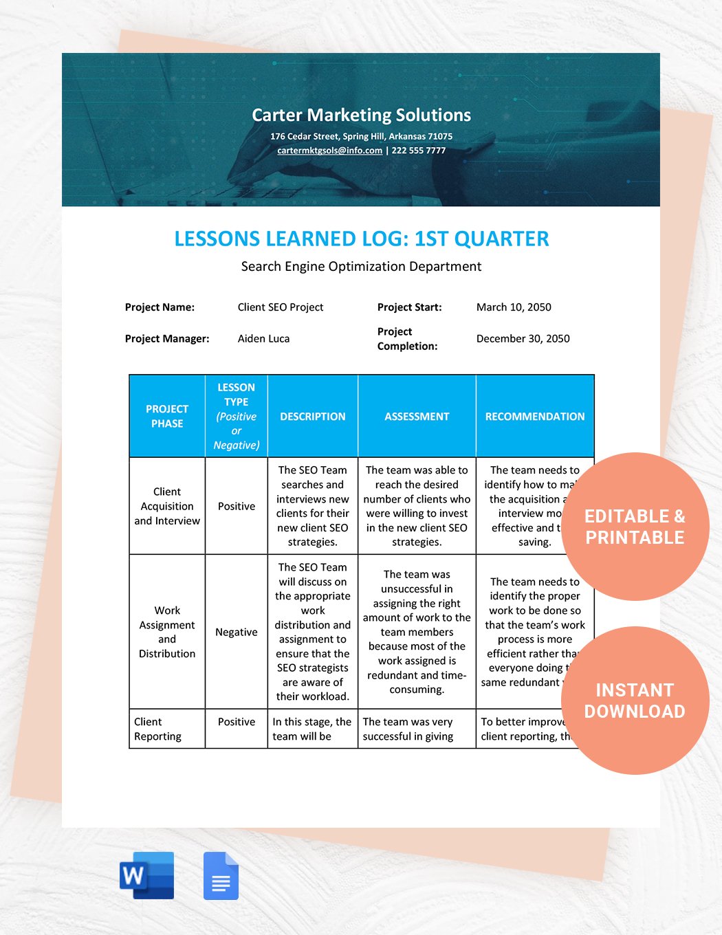 Free Lessons Learned Log Template