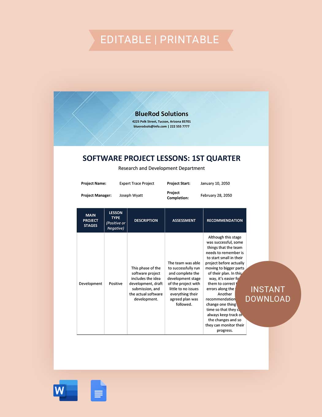 Software Project Lessons Learned Template in Word, Google Docs