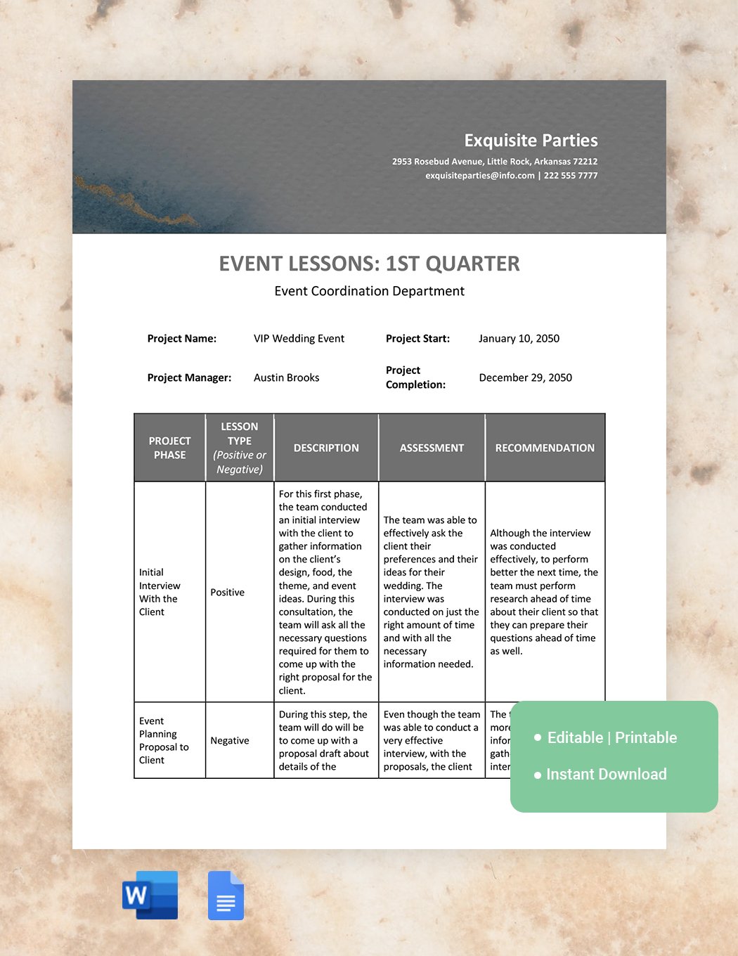 Event Lessons Learned Template