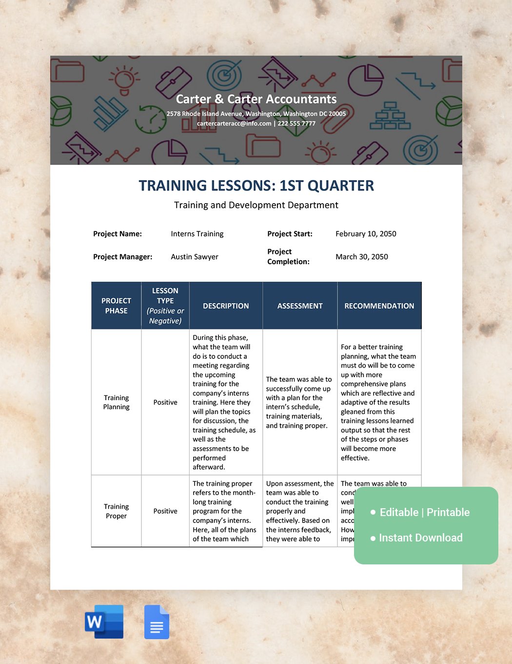 Training Lessons Learned Template