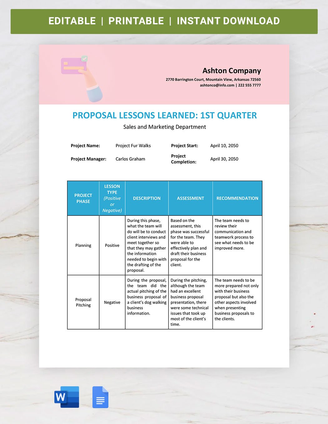 Proposal Lessons Learned Template in Word, Google Docs