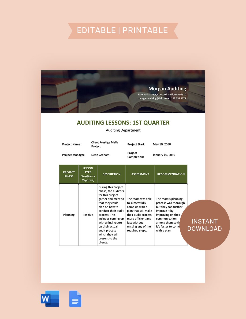 Audit Lessons Learned Template in Word, Google Docs