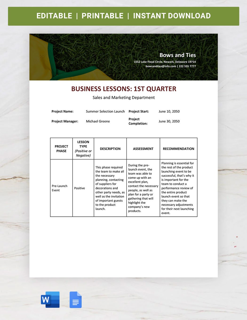 Business Lessons Learned Template in Word, Google Docs