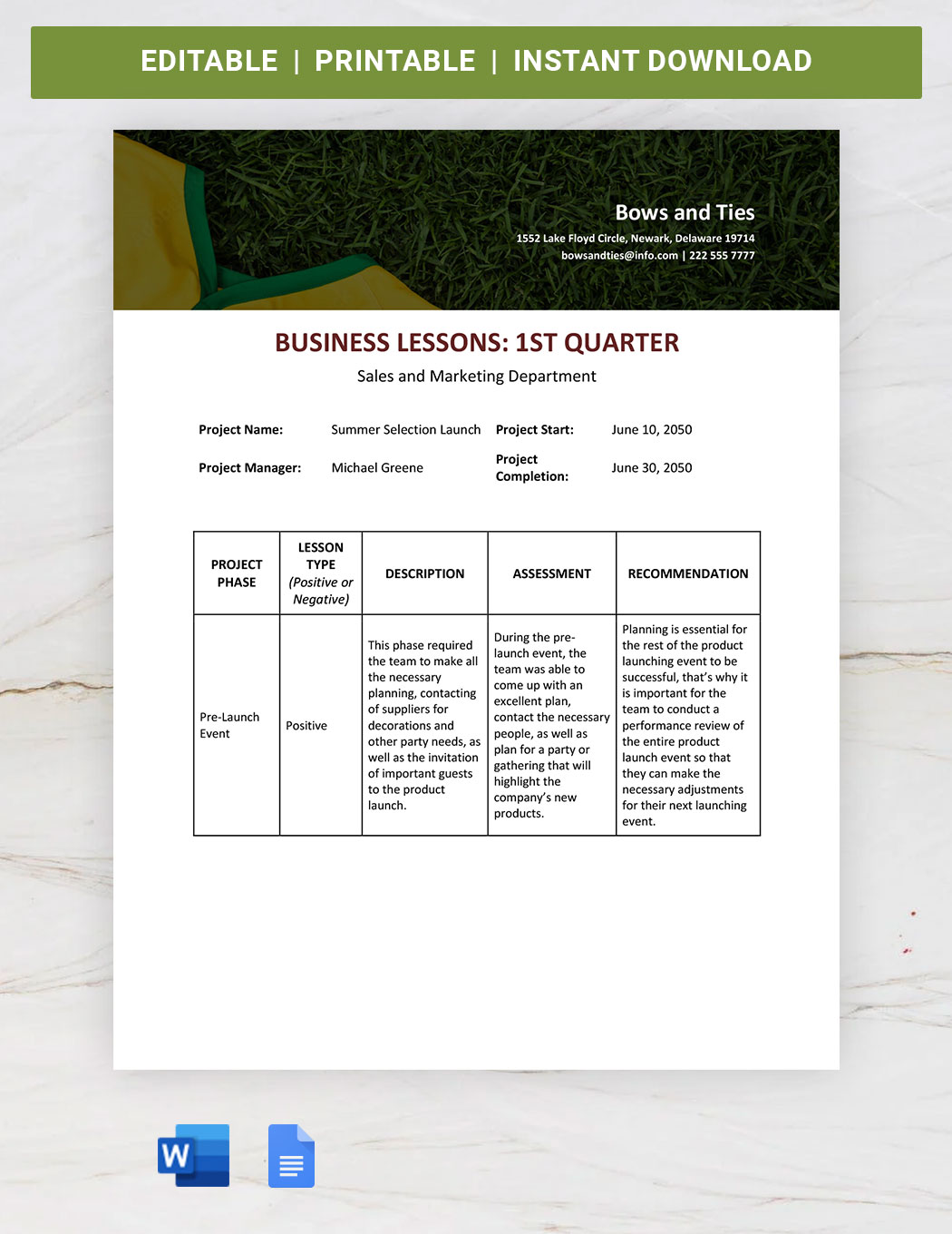 Business Lessons Learned Template in Word, Google Docs