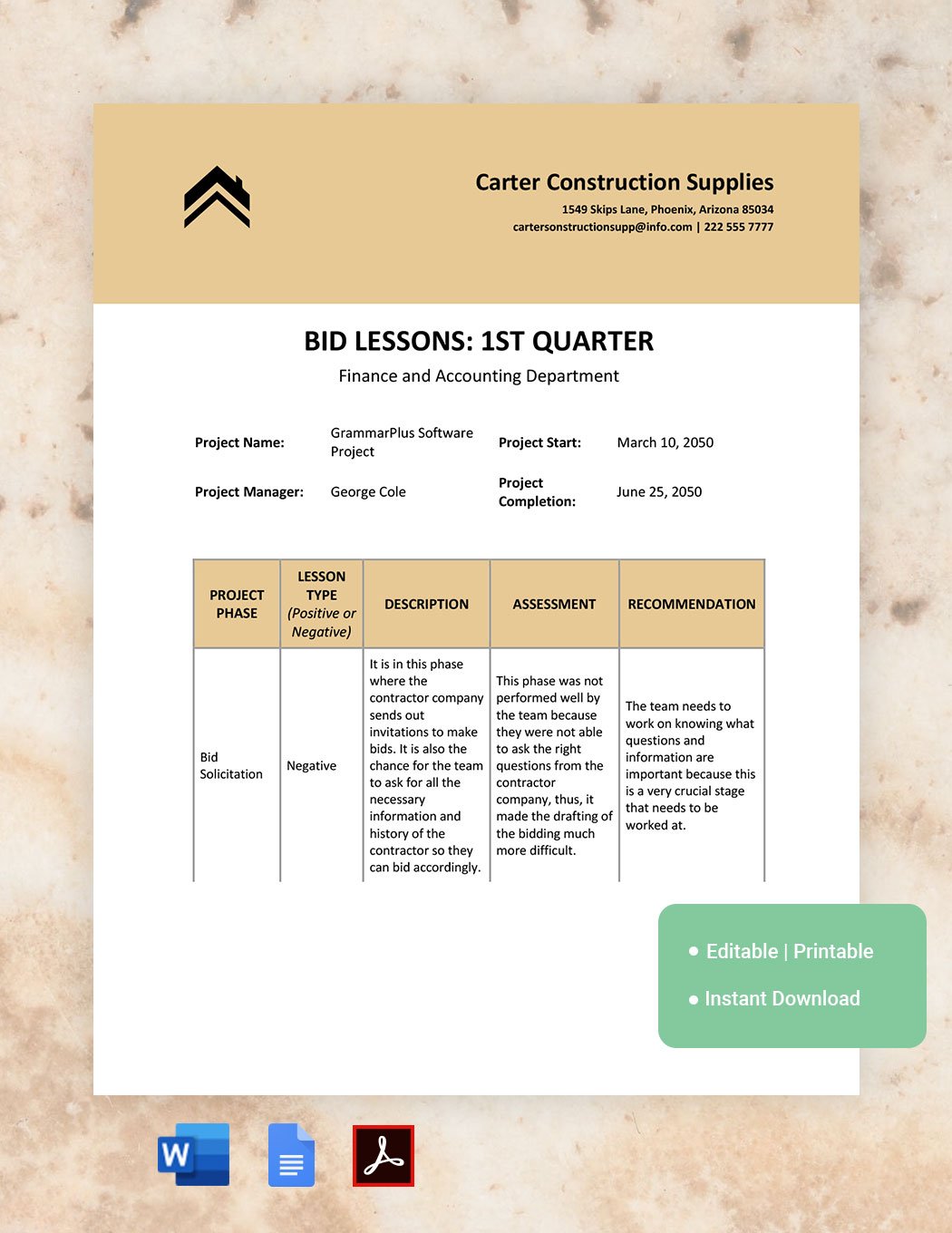 Bid Lessons Learned Template in Word, Google Docs
