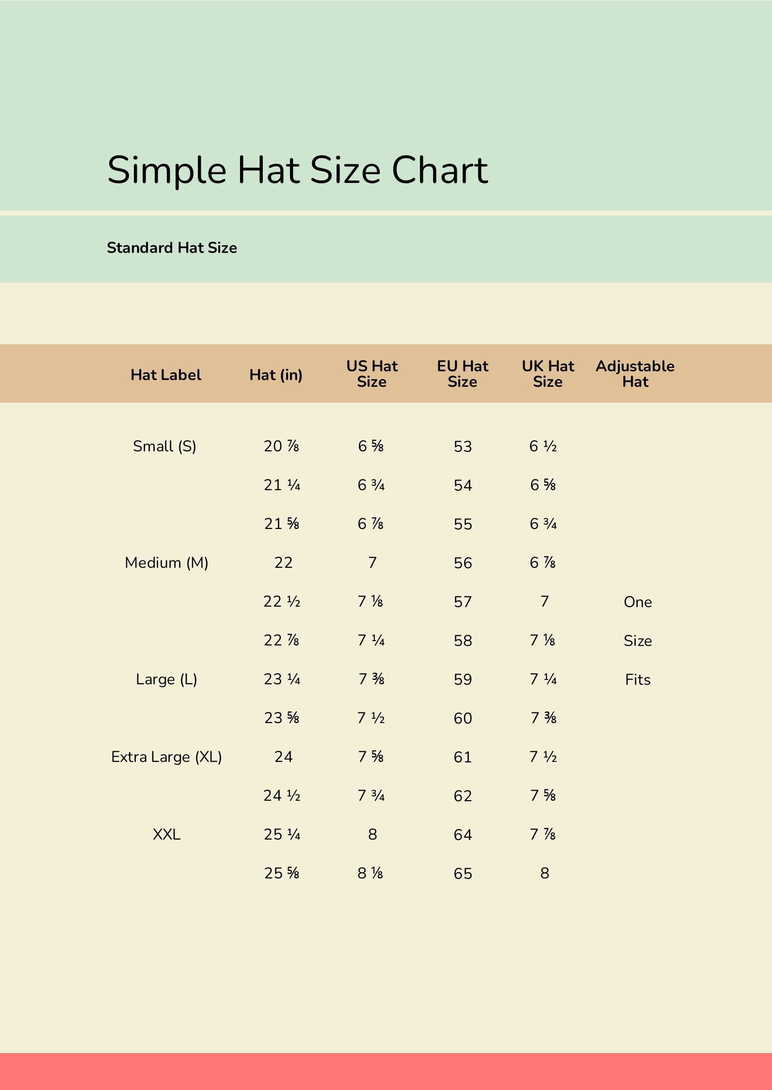 Simple Hat Size Chart in PDF