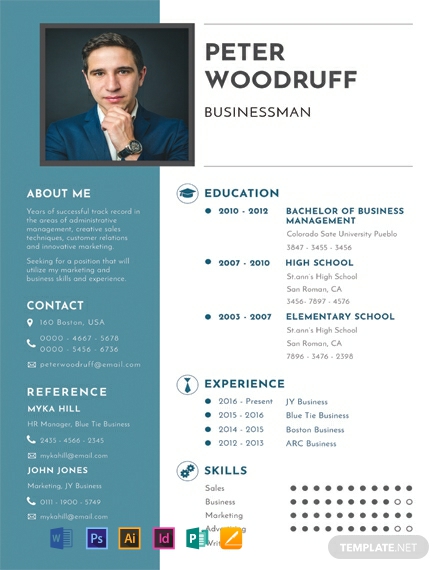 Business Resume Template - Illustrator, InDesign, Word, Apple Pages, PSD, Publisher