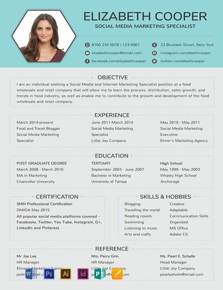 Social Media Specialist Resume Template - Illustrator, InDesign, Word, Apple Pages, PSD, Publisher