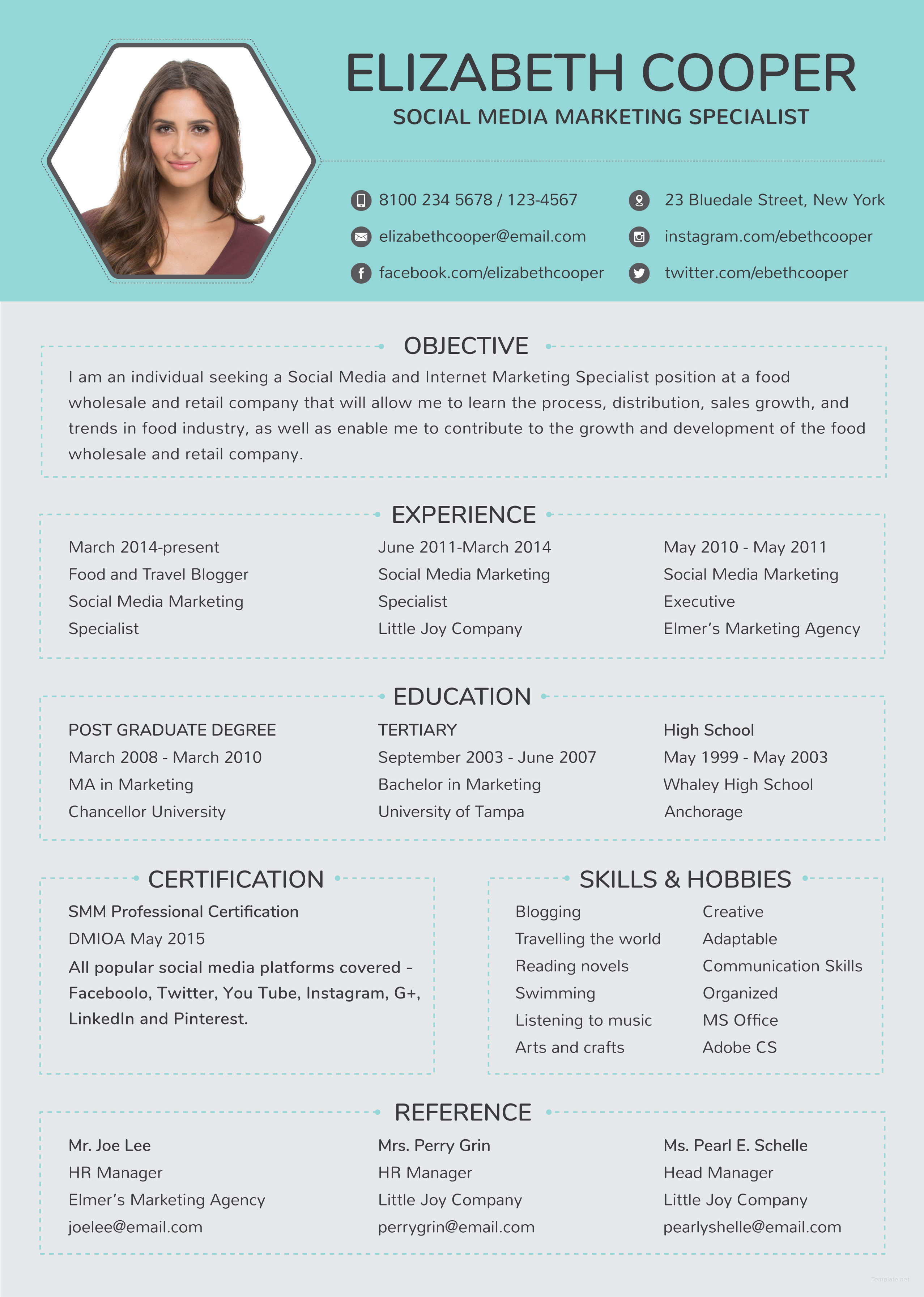 Free Social Media Specialist Resume Template In Adobe Photoshop 