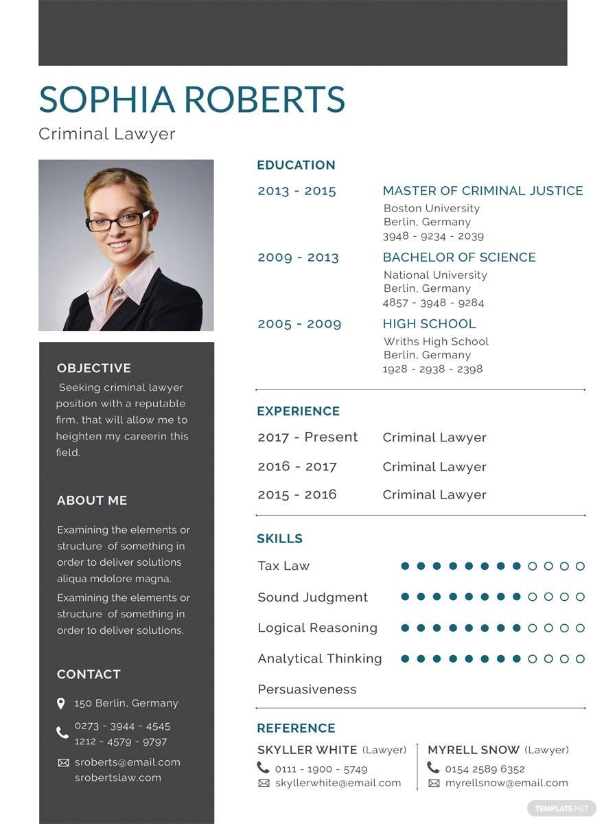 Basic Criminal Lawyer Resume in Word, Illustrator, PSD, Apple Pages, Publisher, InDesign