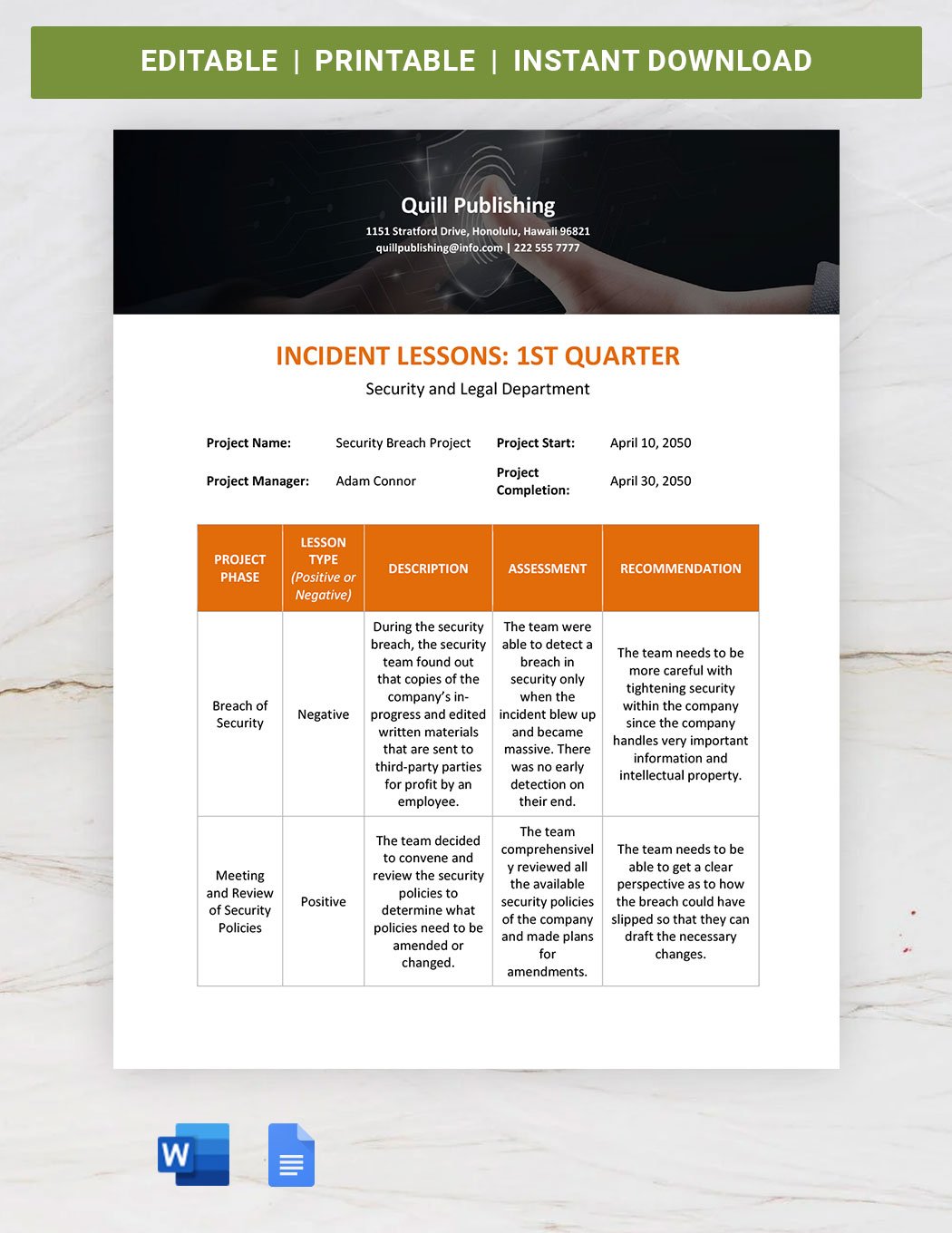Incident Lessons Learned Template