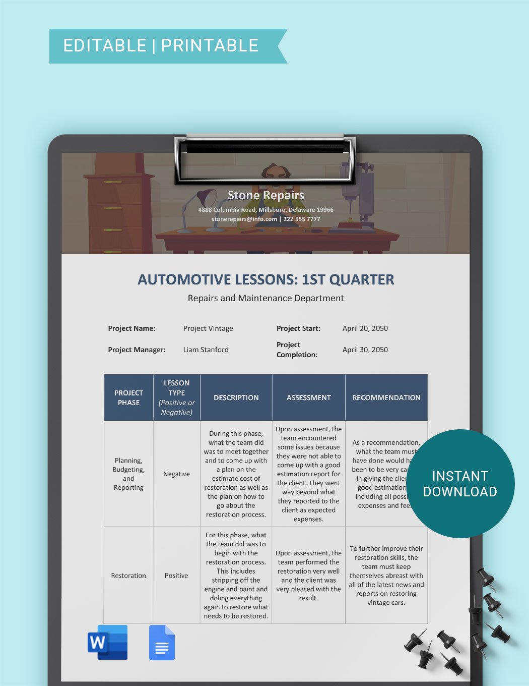 Automotive Lessons Learned Template