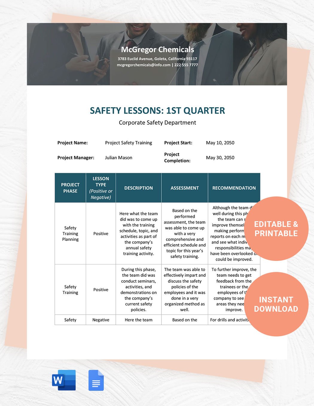 Safety Lessons Learned Template in Word, Google Docs