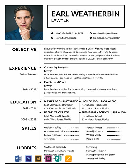 Basic Lawyer Resume Template - Illustrator, InDesign, Word, Apple Pages, PSD, Publisher