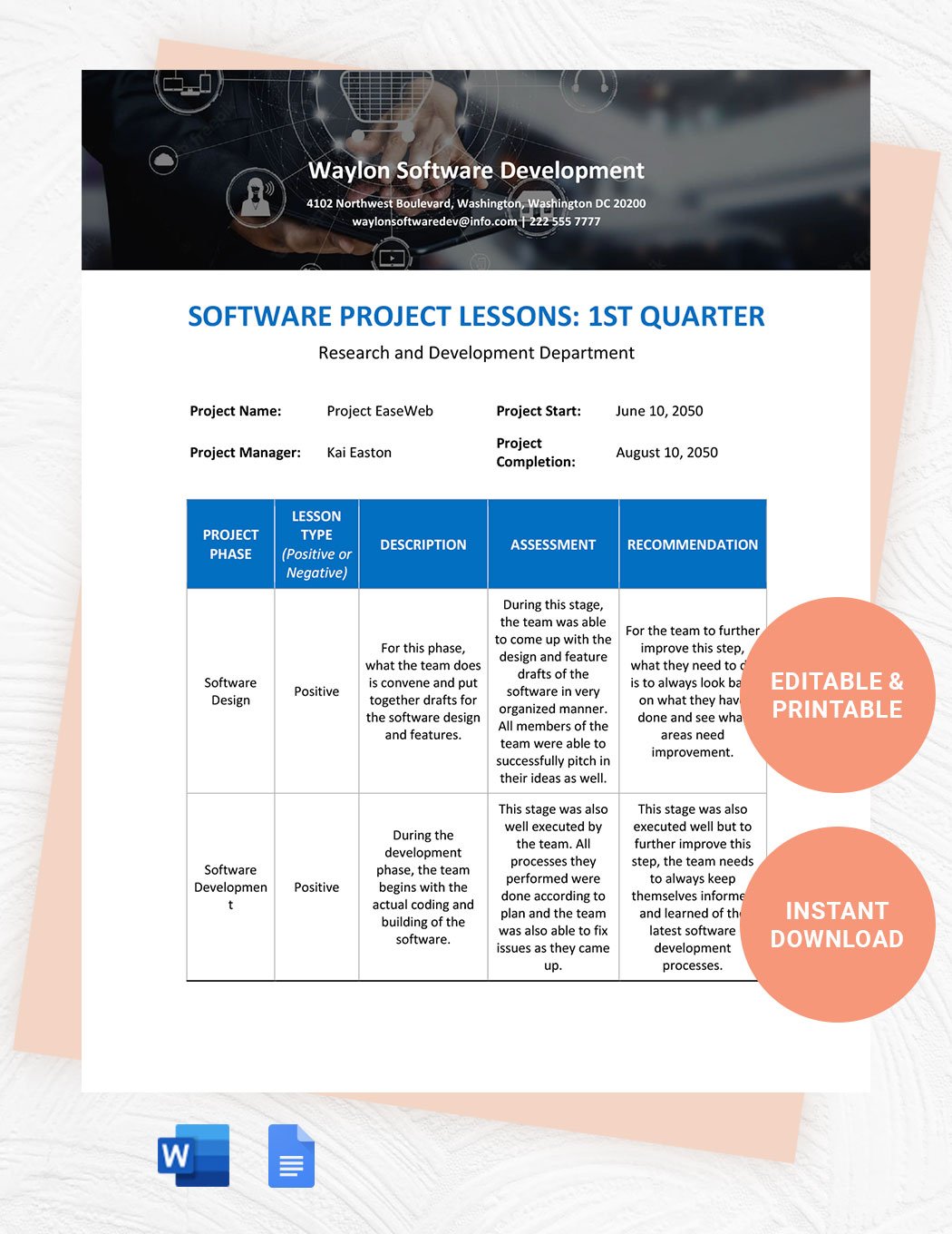 Software Development Lessons Learned Template in Word, Google Docs
