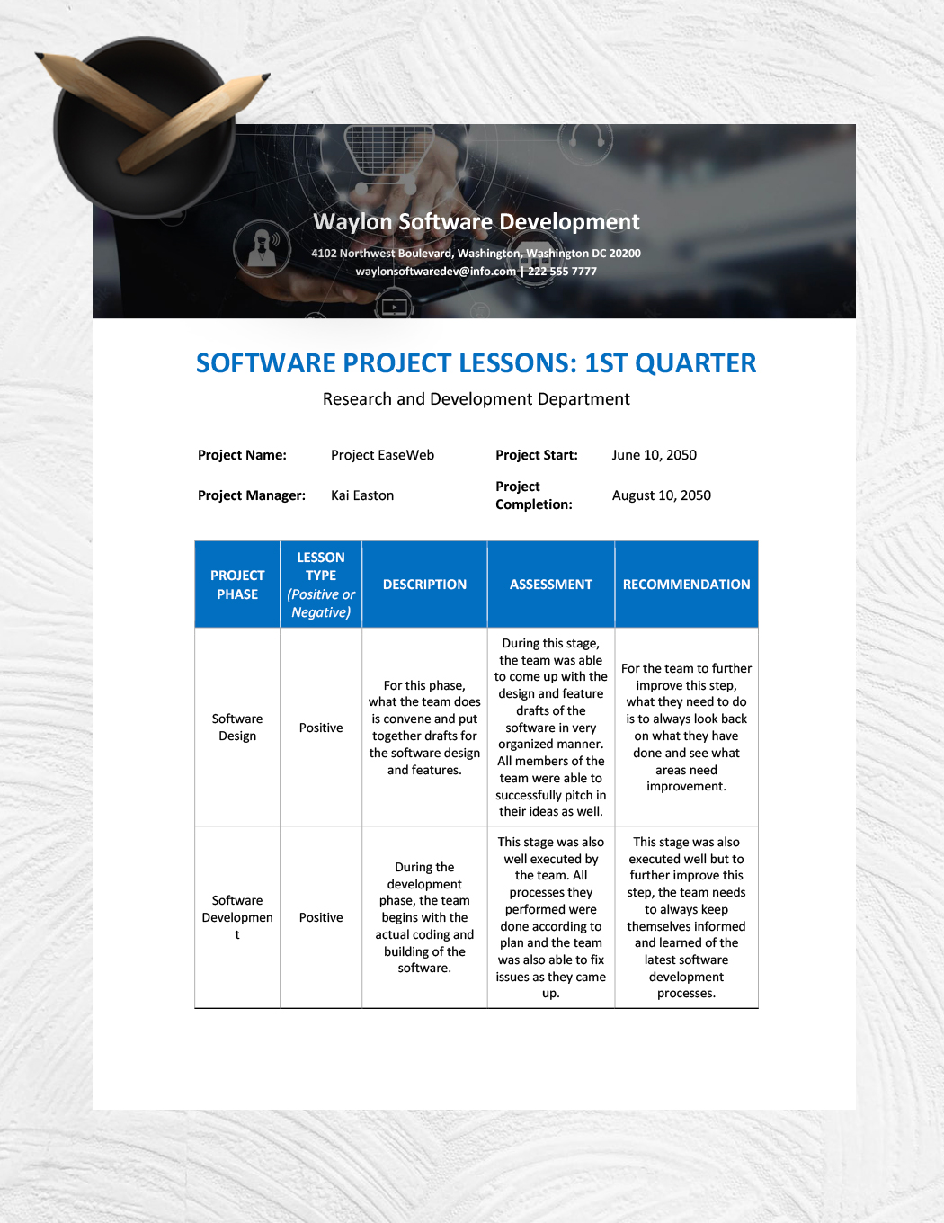 Software Development Lessons Learned Template