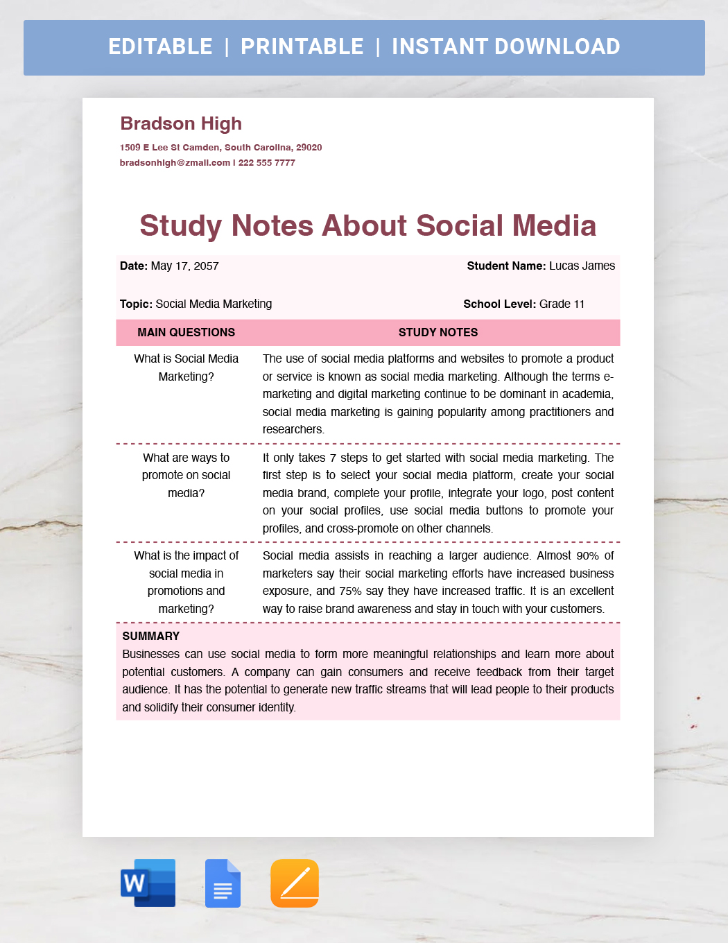 Note Taking Sheet Template