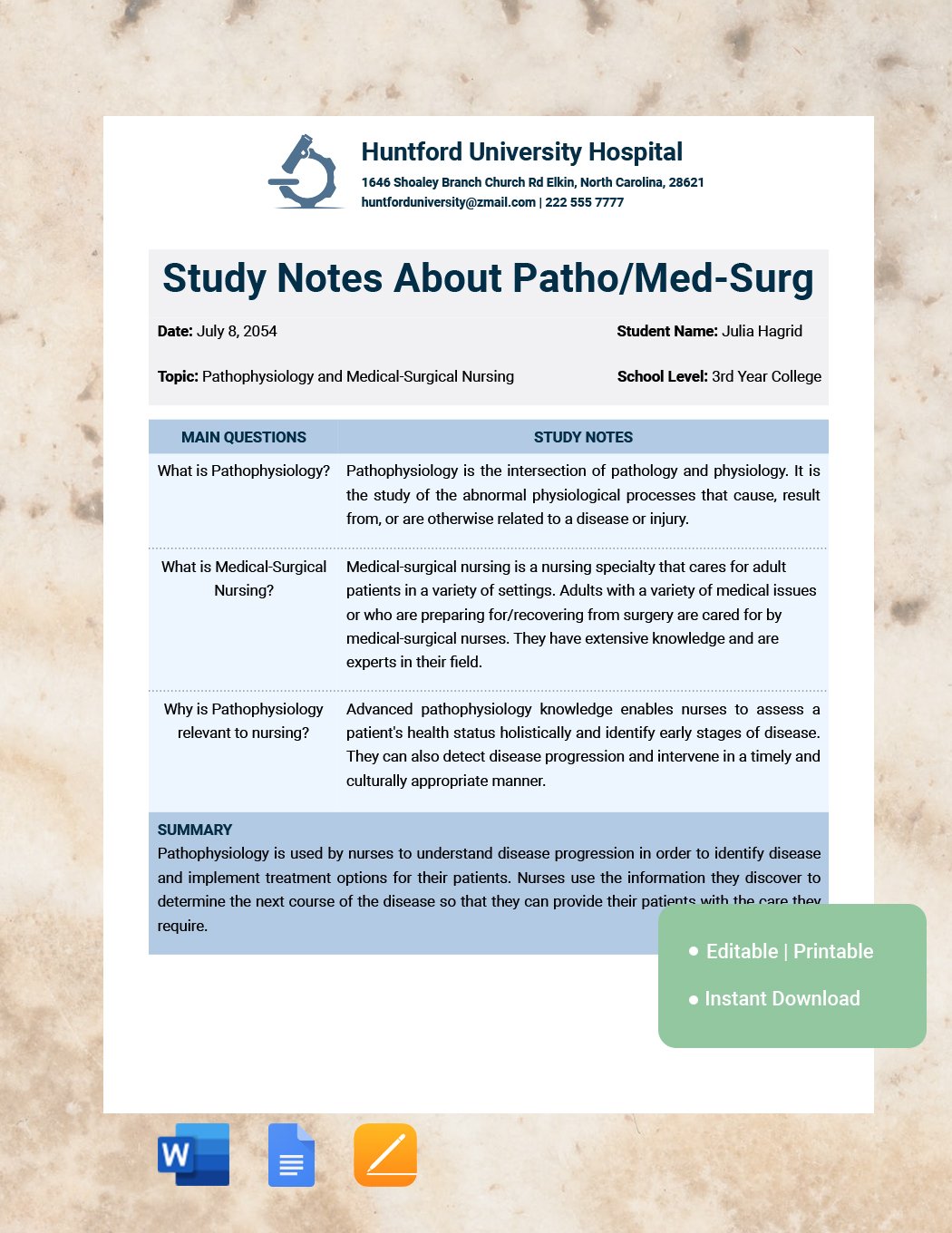 Patho/Med-Surg Note-taking Template