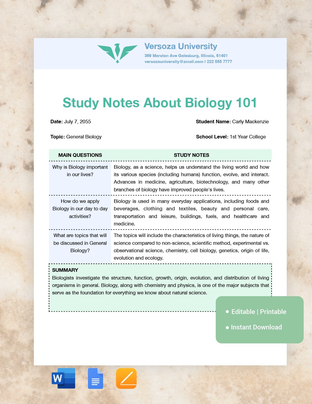 Topic Summary Note-taking Template in Word, Google Docs, Apple Pages
