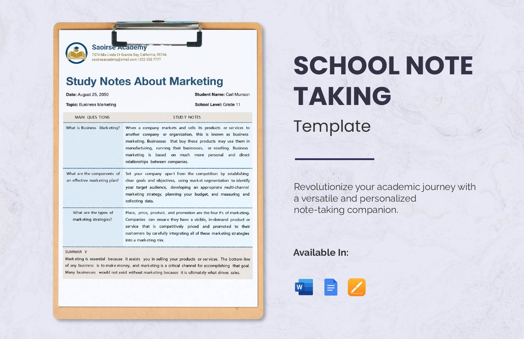 School Note Taking Template in Word, Google Docs, PDF, Apple Pages