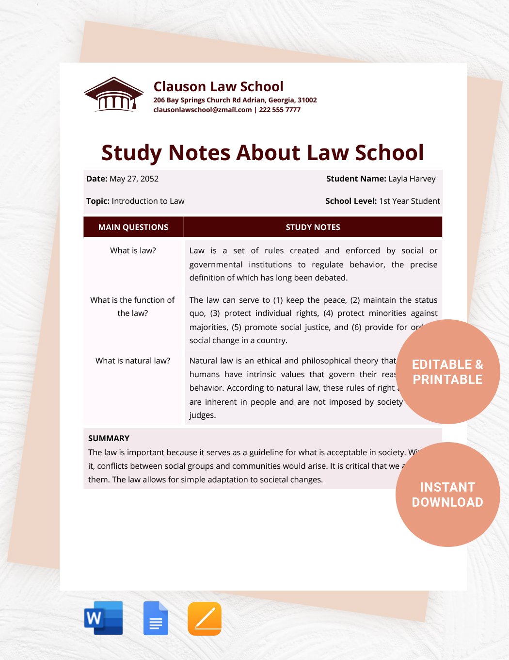Law School Note Taking Template in Word, Google Docs, PDF, Apple Pages