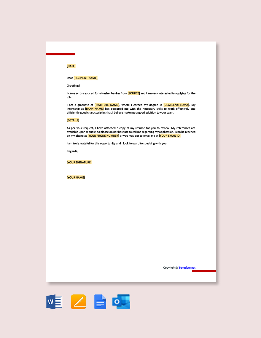 Professional Freshers Sample Cover Letter Template - Google Docs, Word ...