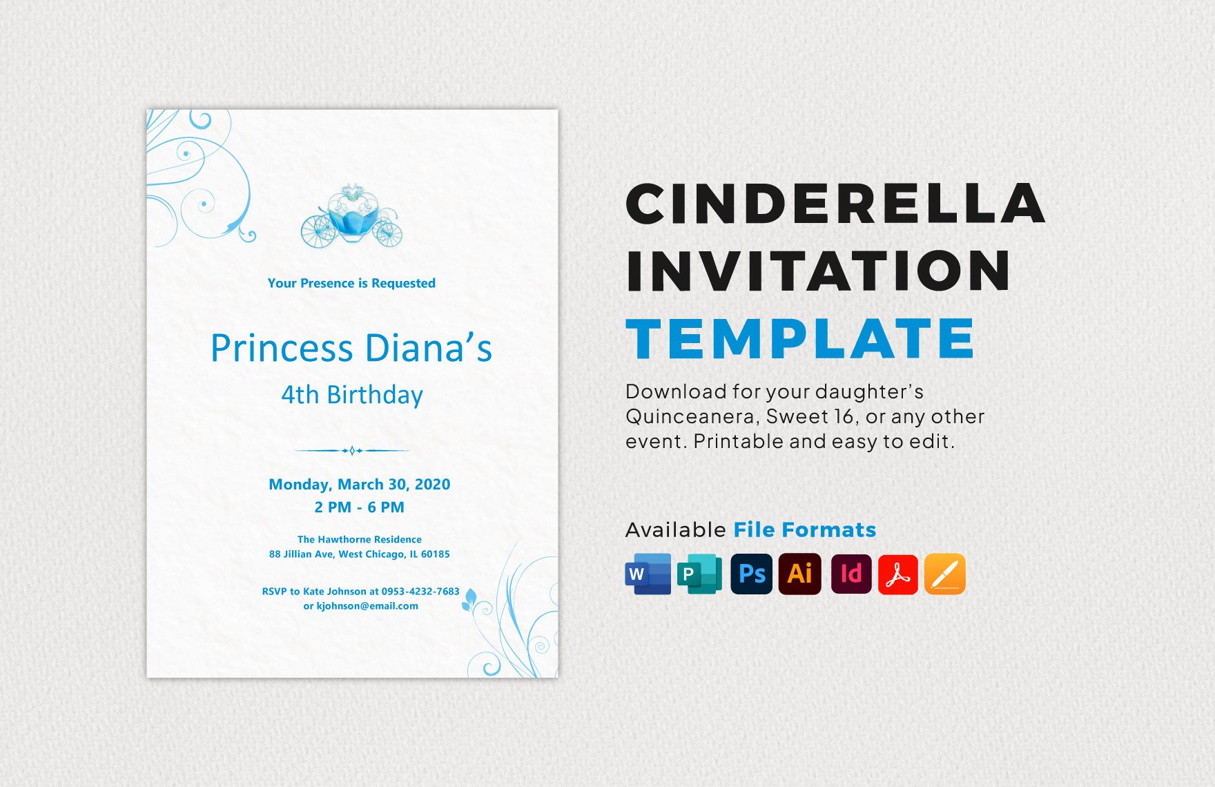 Cinderella Invitation Template in Word, PDF, Illustrator, PSD, Apple Pages, Publisher, InDesign