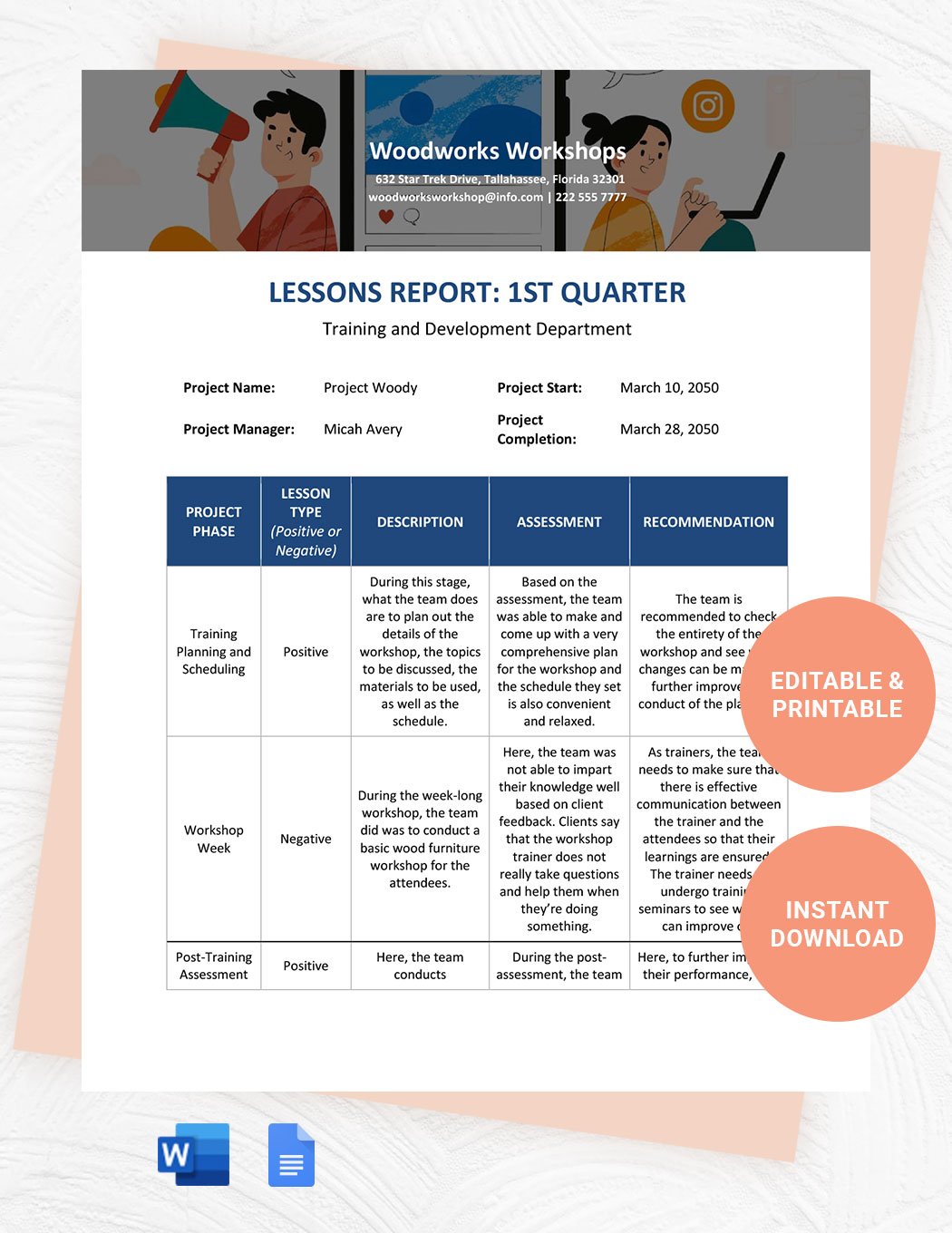 Workshop Lessons Learned Template in Word, Google Docs