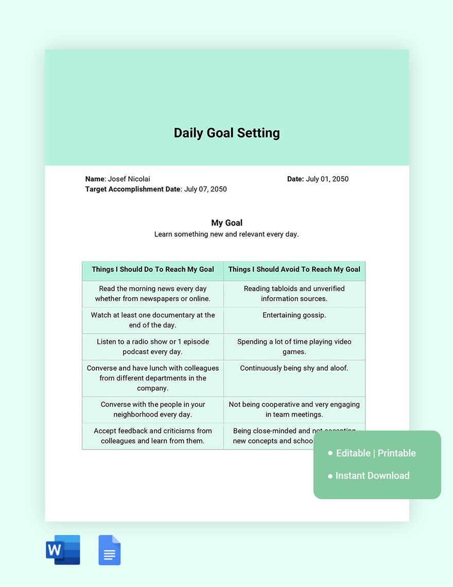 Daily Goal Setting Template