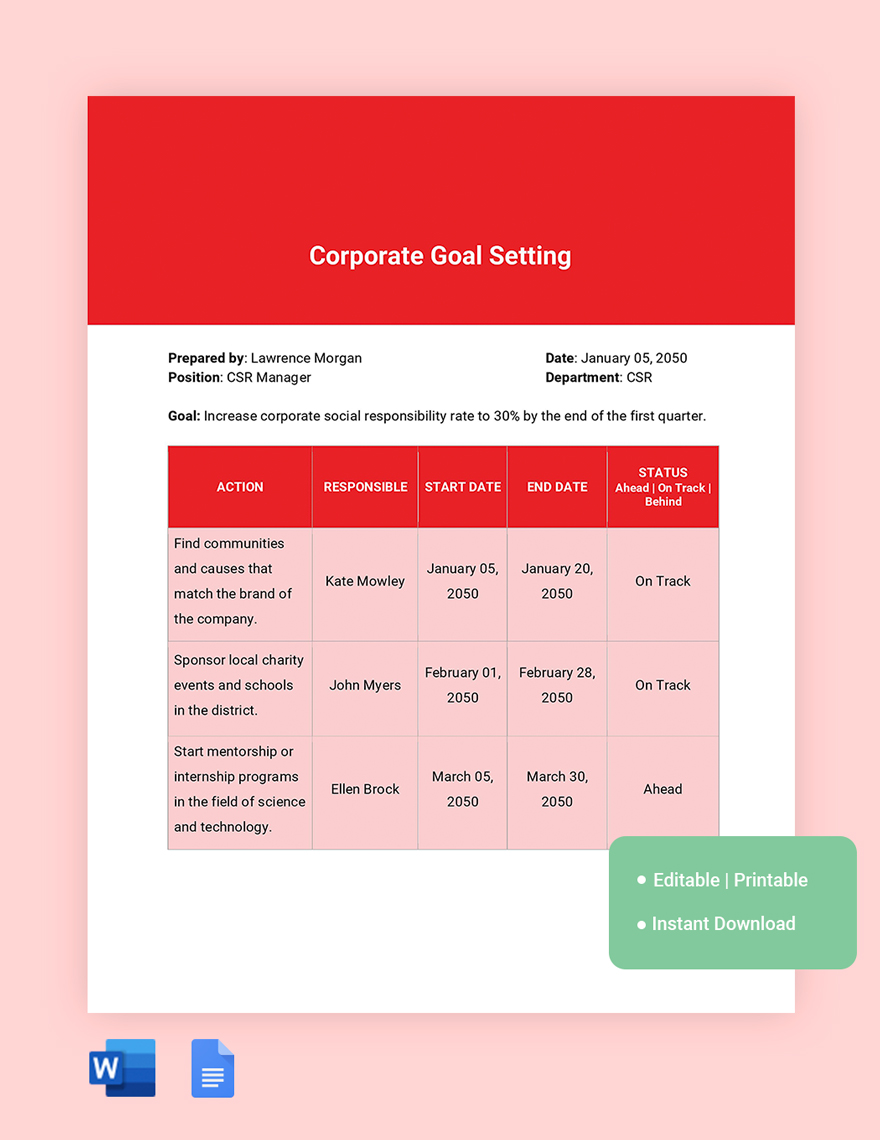 Corporate Goal Setting Template in Word, Google Docs