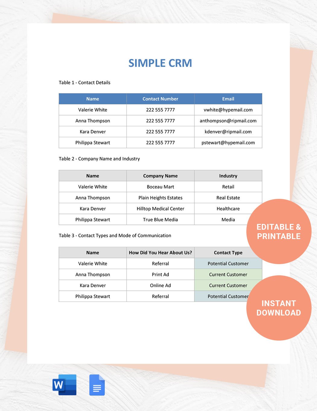 Simple CRM Template in Word, Google Docs