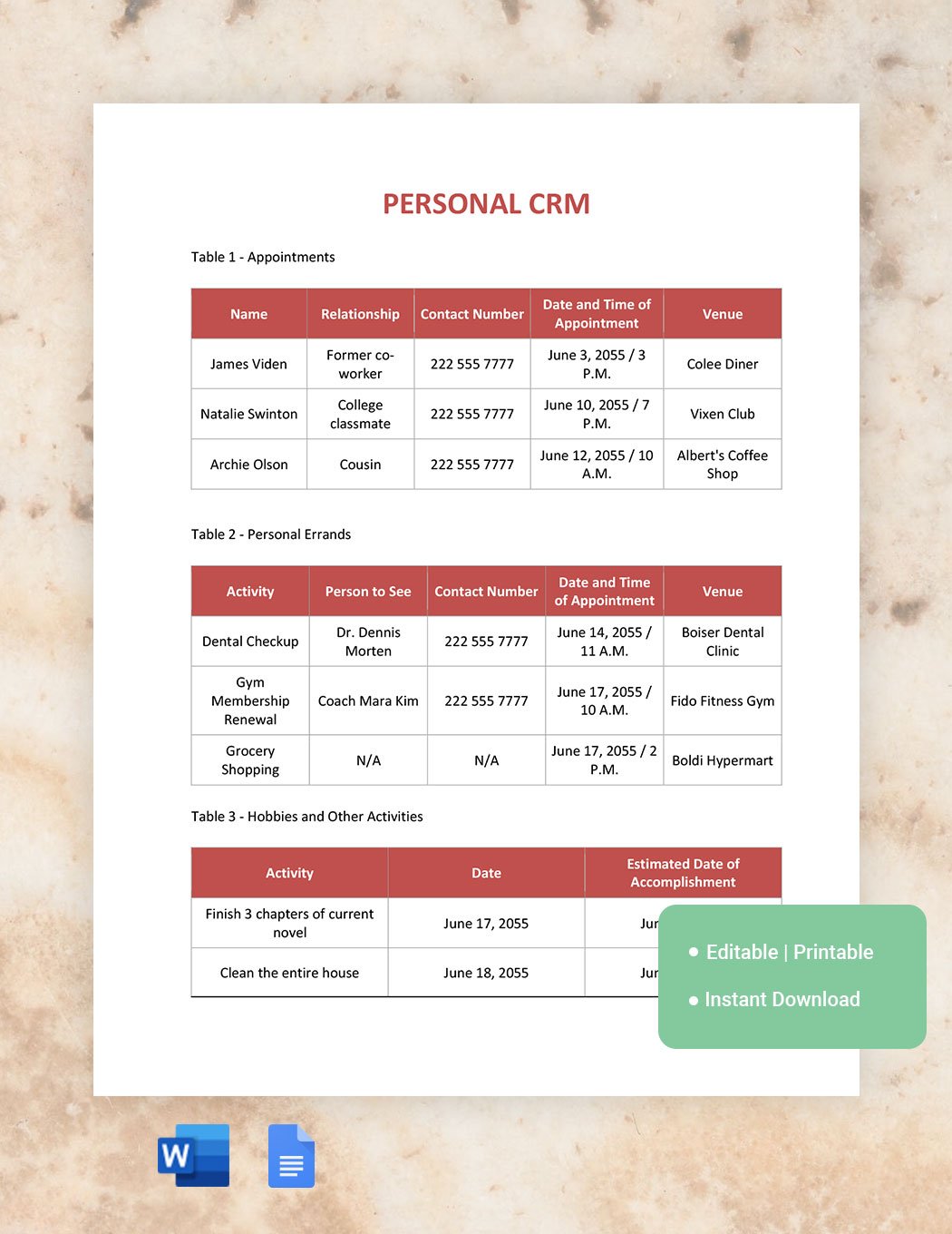 Personal CRM Template in Word, Google Docs