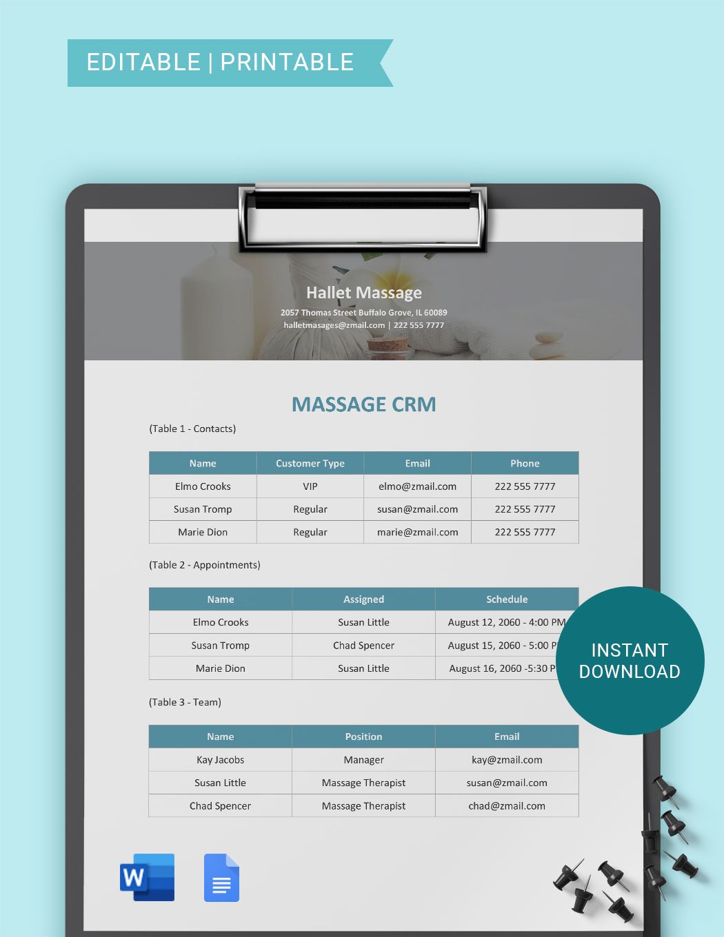 Massage CRM Template in Word, Google Docs