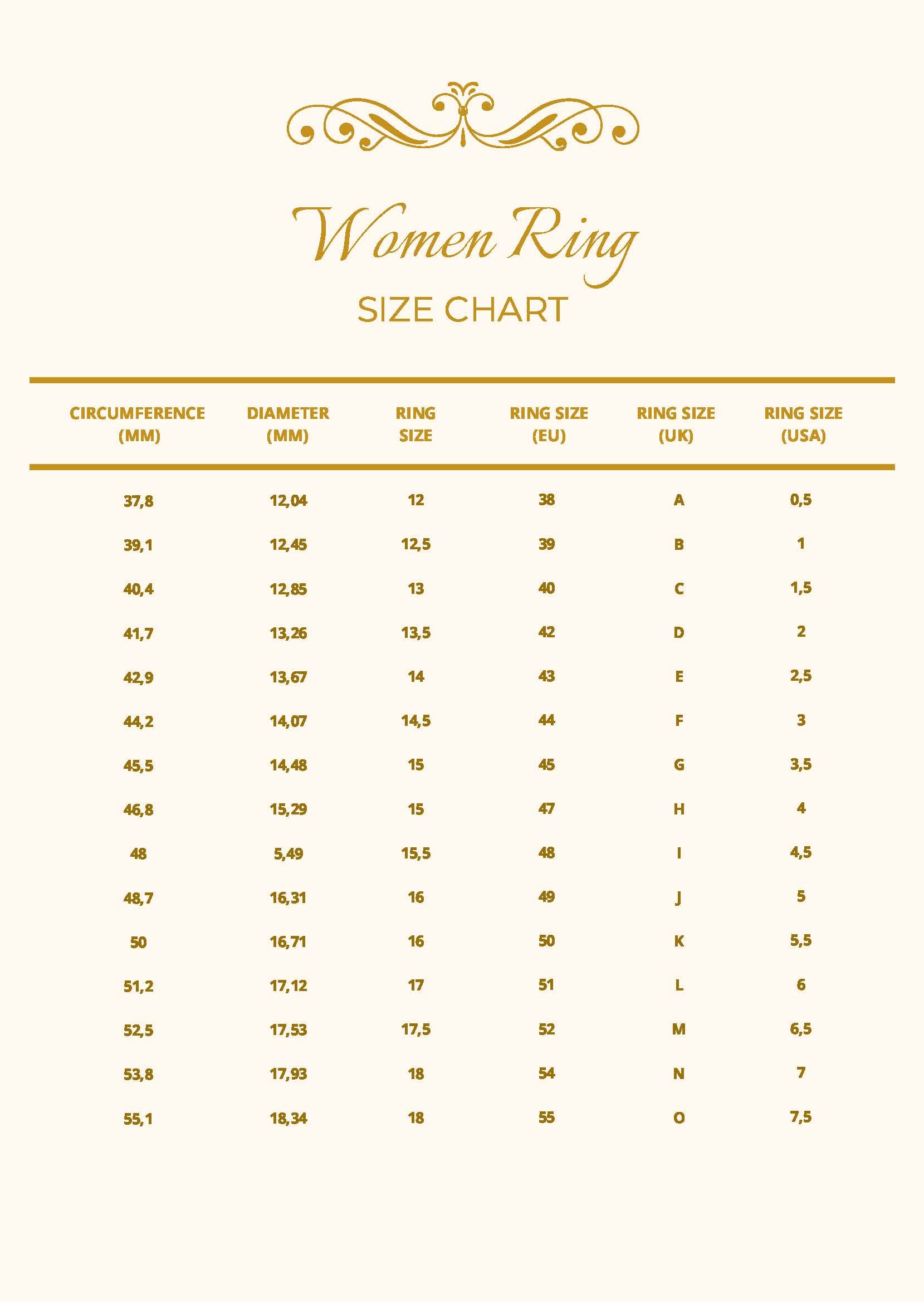 Women Ring Size Chart in PDF, Illustrator