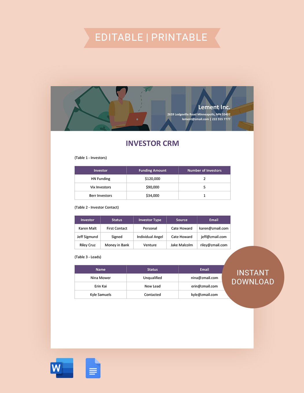 Investor CRM Template in Word, Google Docs