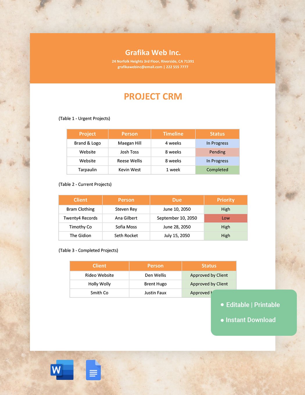 Project CRM Template in Word, Google Docs