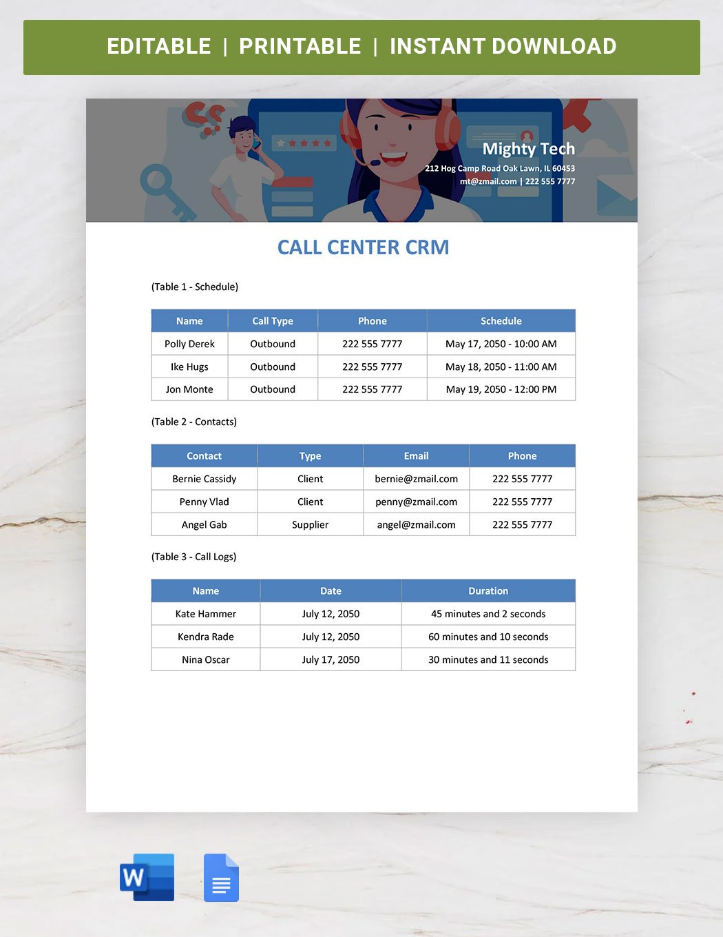 Call Center CRM Template in Word, Google Docs