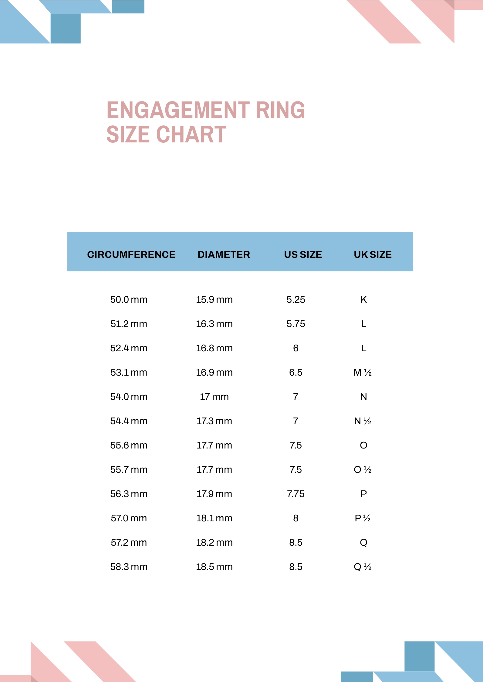 Split Ring Size Chart PDF Template