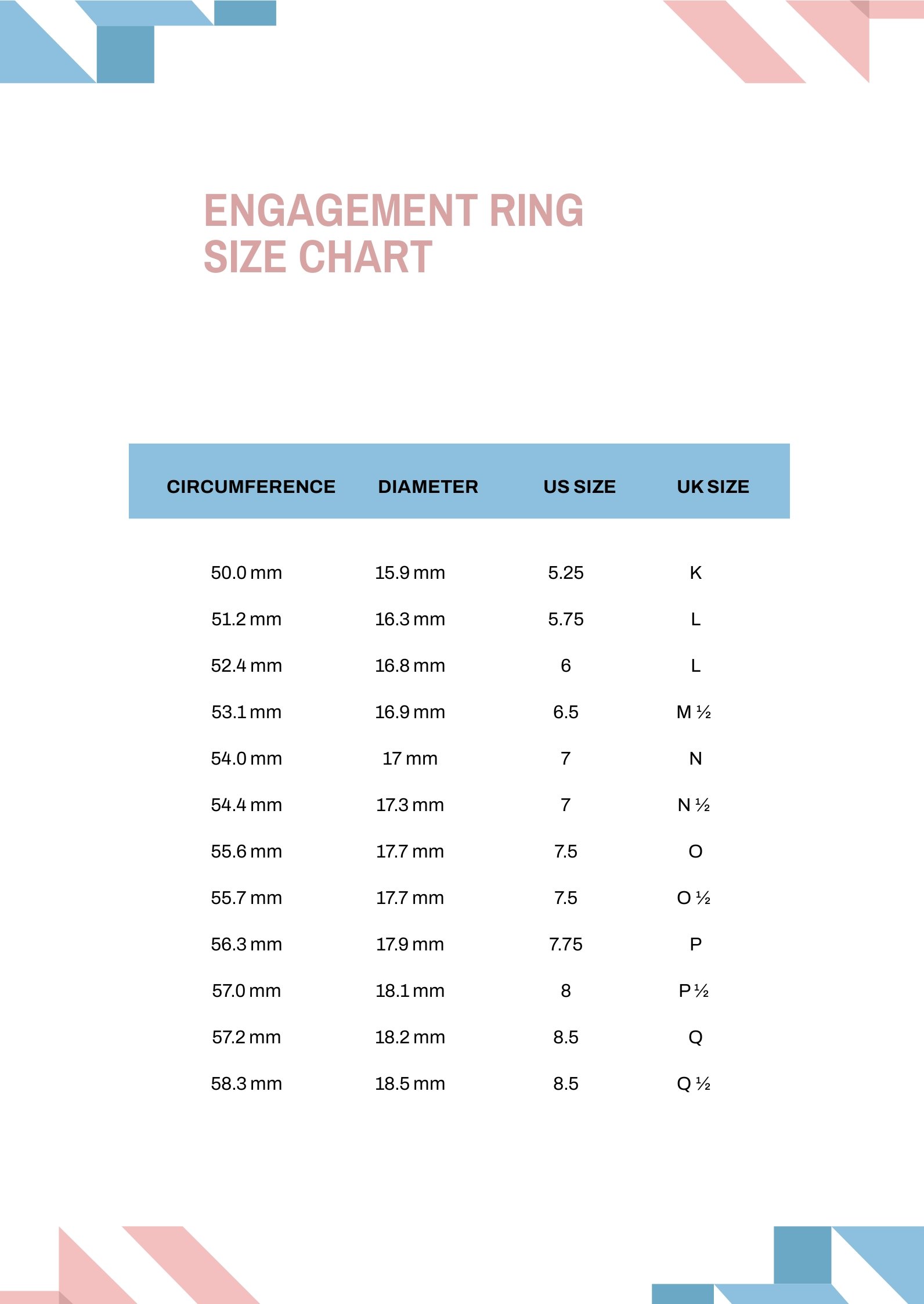 Engagement Ring Size Chart Template