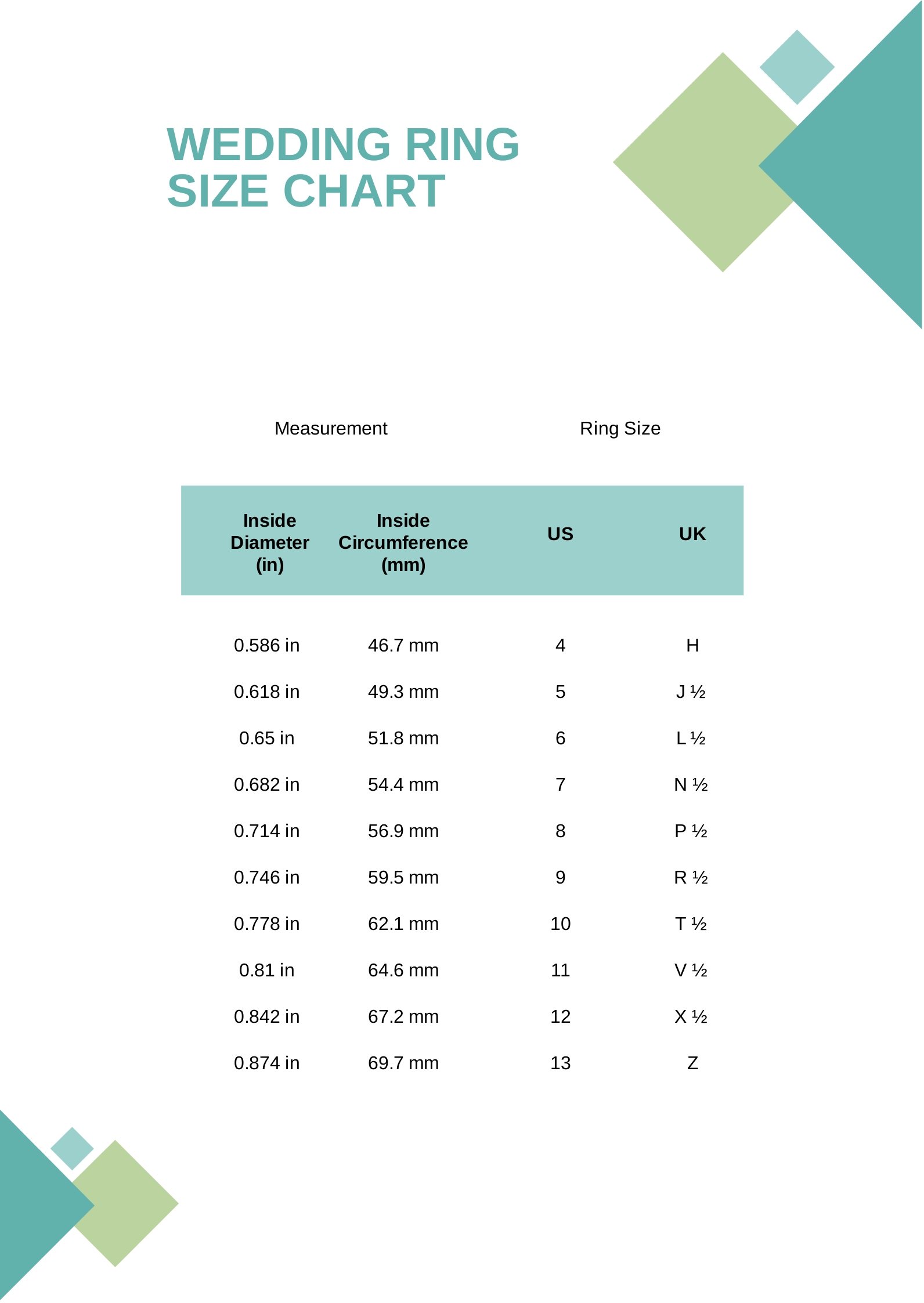 Wedding Ring Size Chart in PDF