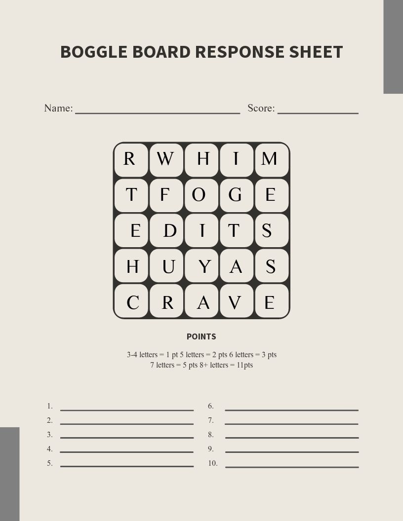 Boggle Worksheet