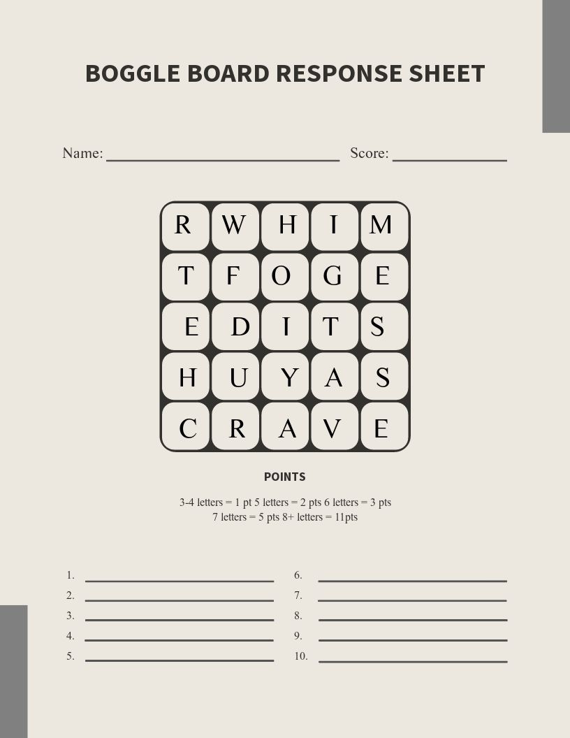 Boggle Worksheet Boggle Worksheet