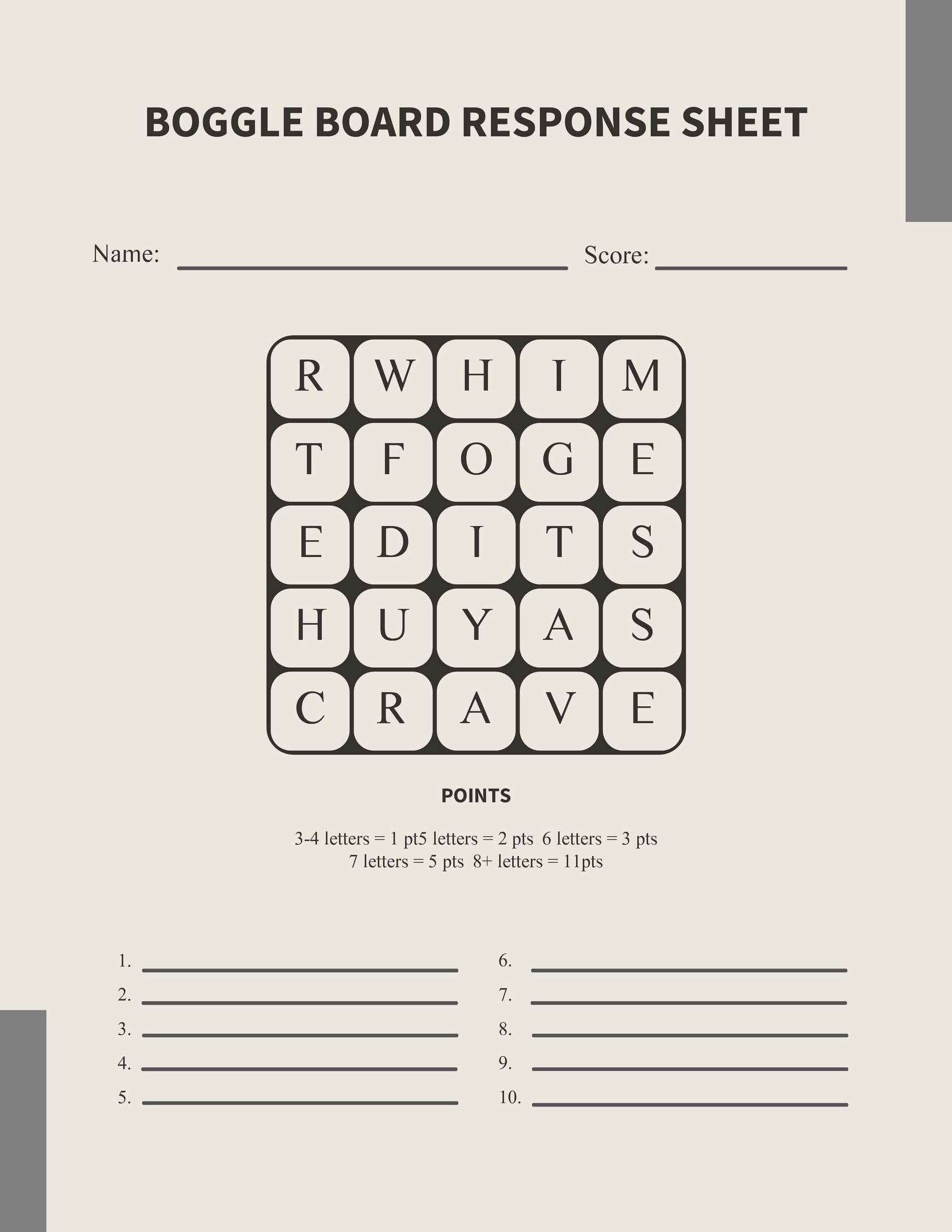 Boggle Board Response Sheet Template in Word, Google Docs, PDF, Apple Pages