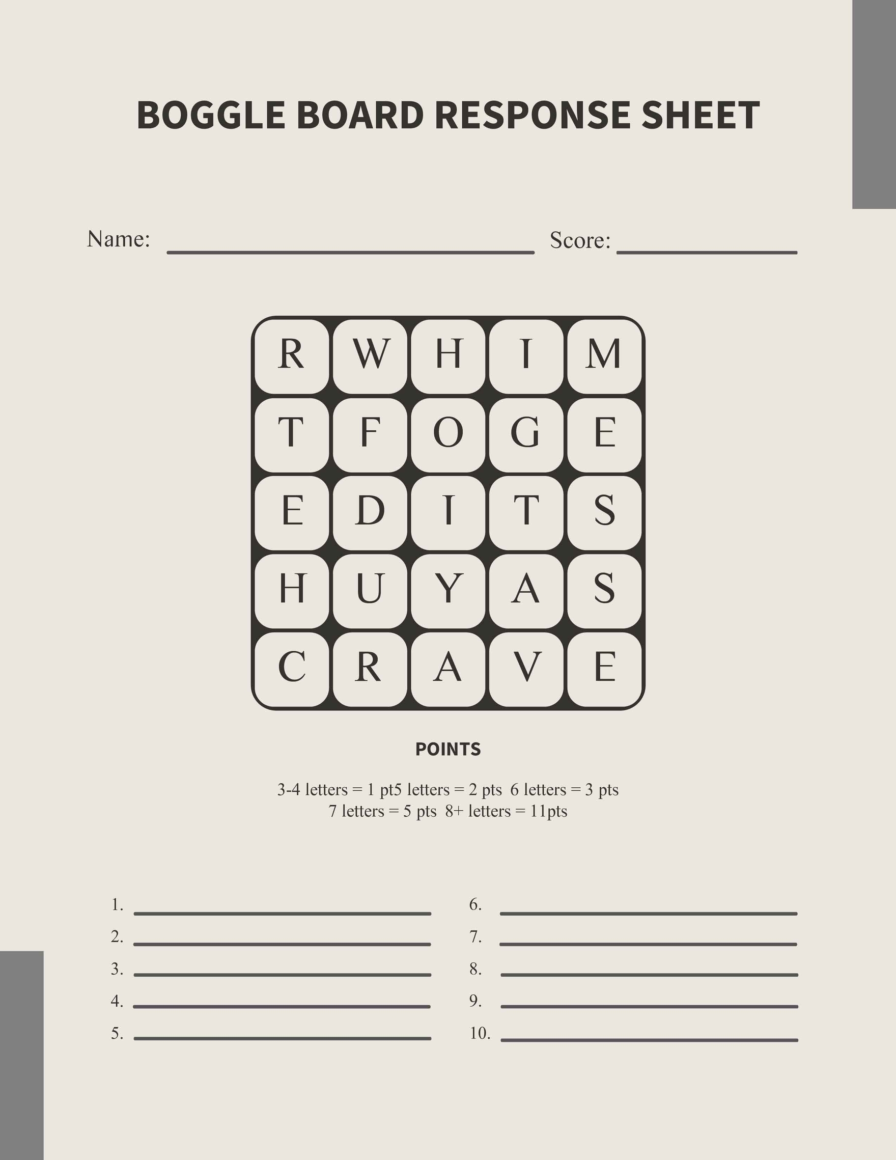 Boggle Board Response Sheet Template in Word, Pages, PDF, Google Docs - Download | Template.net