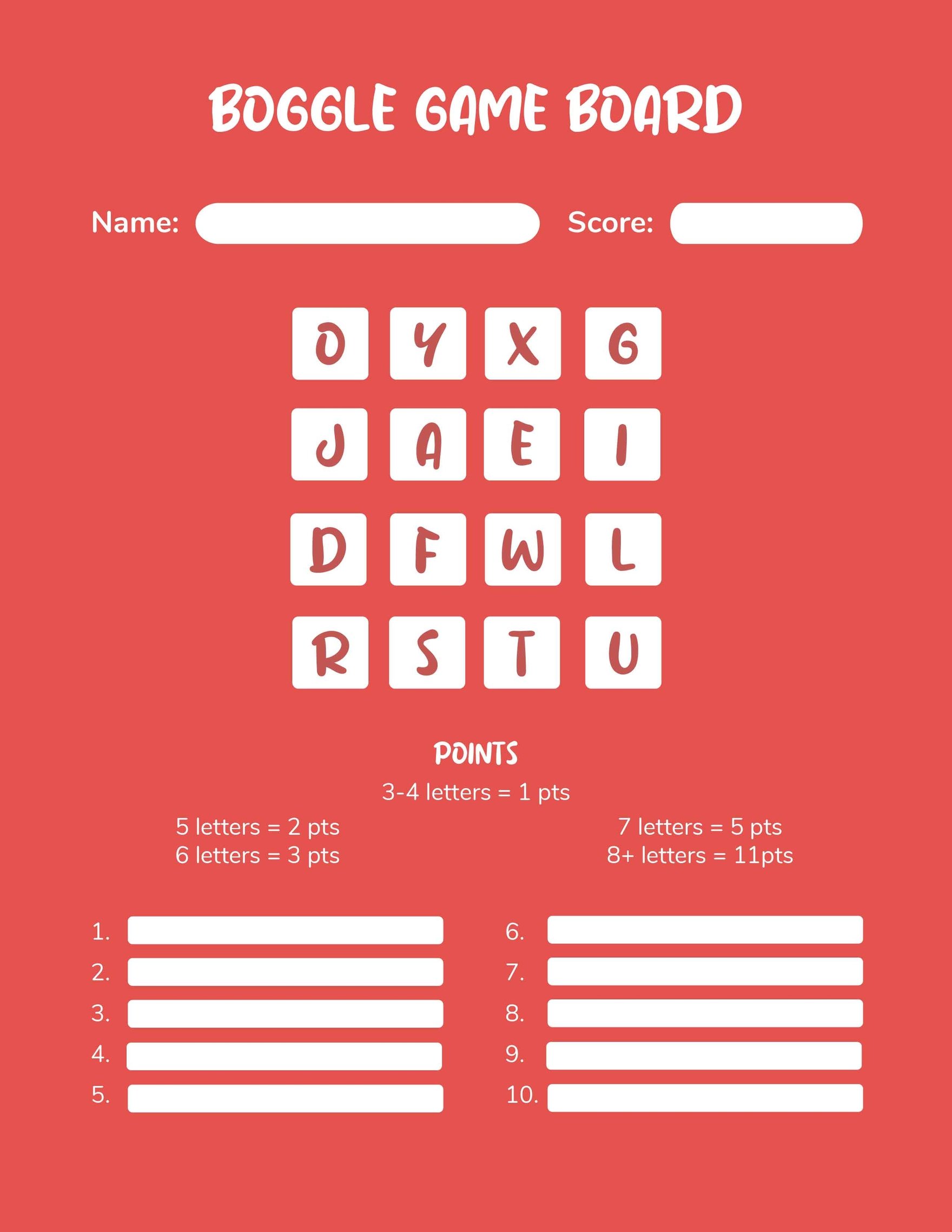 Boggle Game Board Template in Word, Google Docs, PDF, Apple Pages