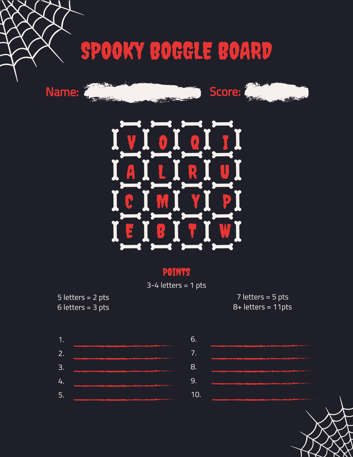 Free Spooky Boggle Board Template